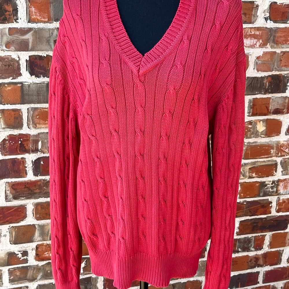 Vtg Thane Cable Knit Cotton Sweater V-Neck Sz Large Preppy Pullover Gilmore Girl